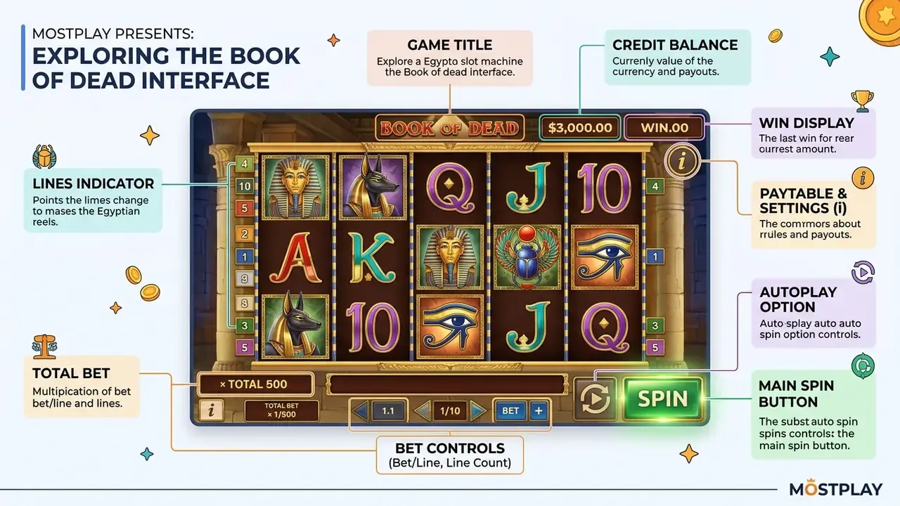 book of dead demo interface showing spin button, bet controls, paytable icon
